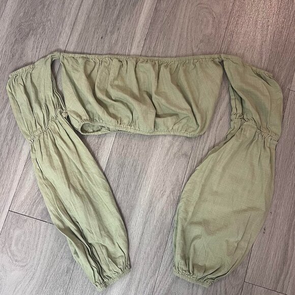 Green Linen Look Bardot Puff Sleeve Beach Top SZ 10 USA UK 14 - Picture 6 of 12